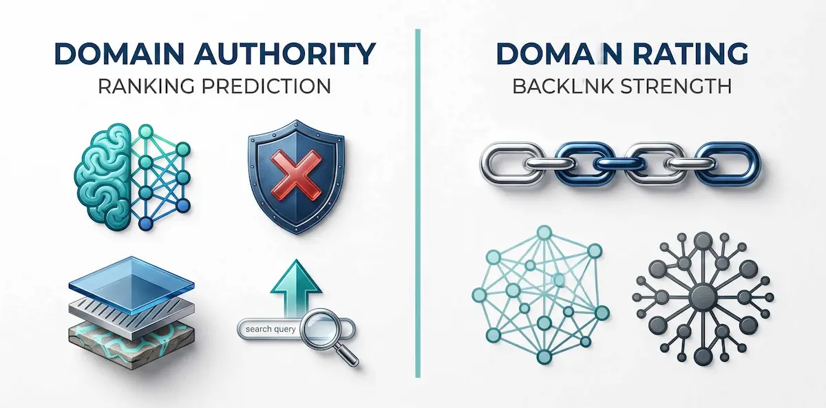 Comparison of DR 15 vs DR 45 website ranking positions for the same keyword